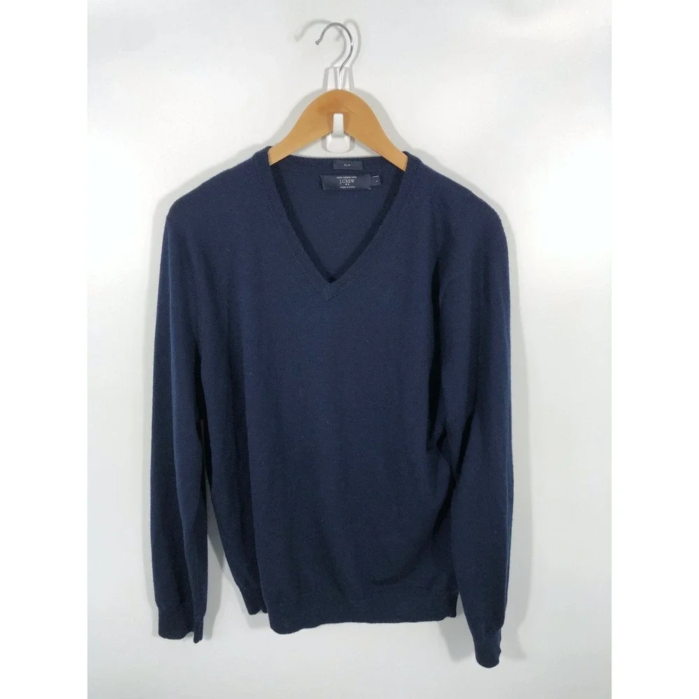 J Crew 100% Merino Wool V Neck Sweater Mens L Blue Slim 90s Minimalist Capsule